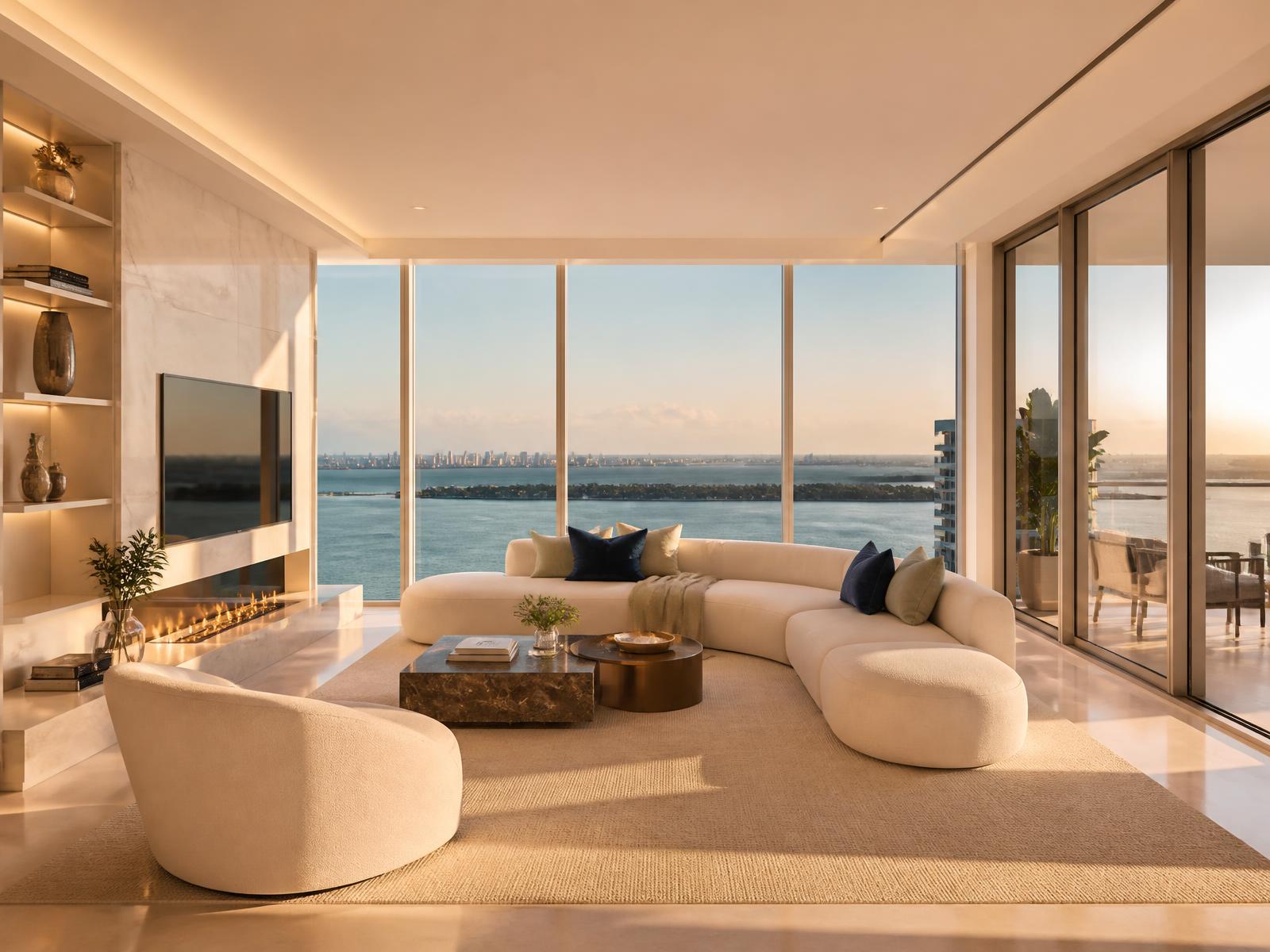 Sunlit luxury Miami penthouse living room with floor-to-ceiling bay views