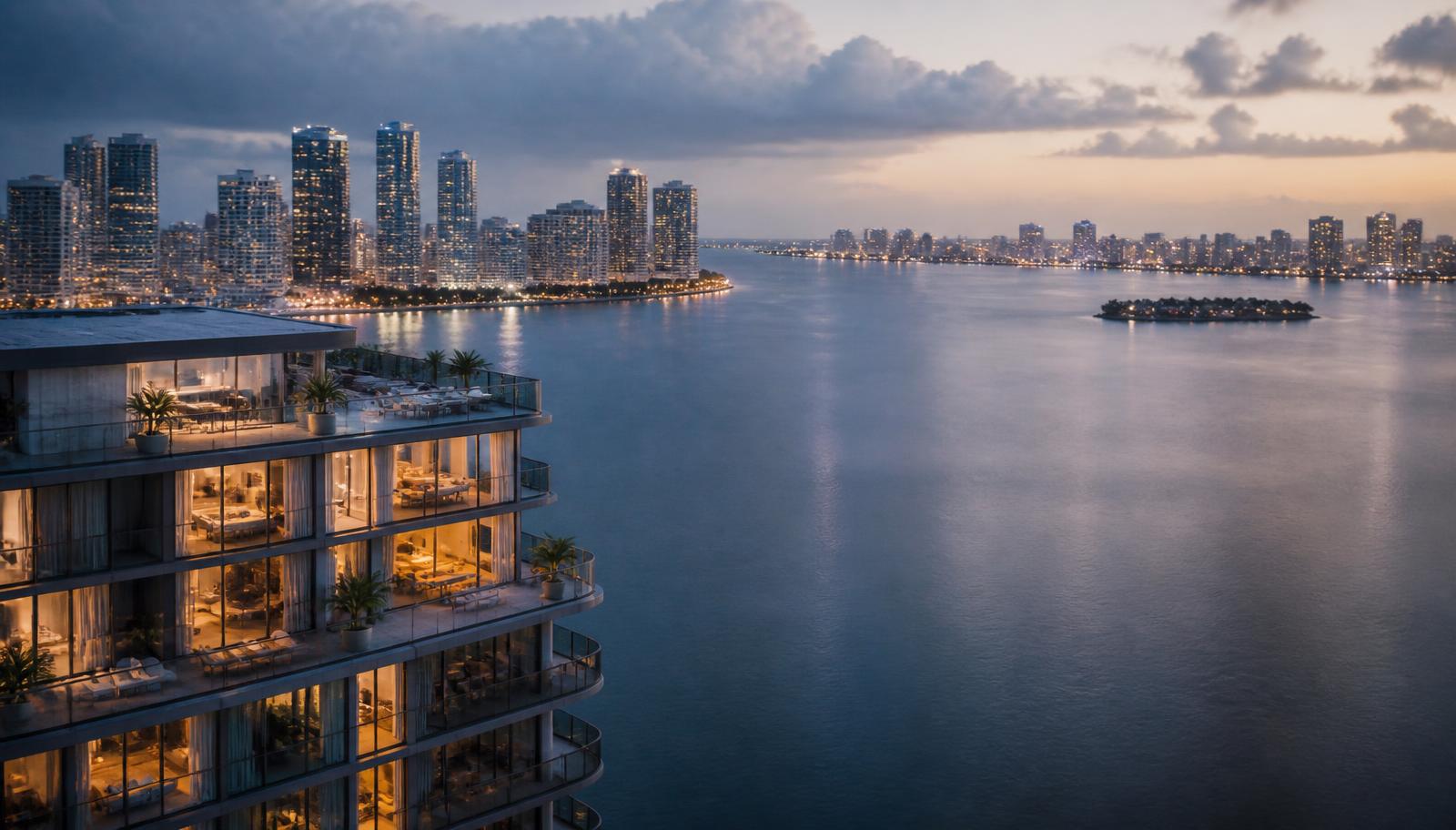 Luxury South Florida high-rise waterfront residences at dusk